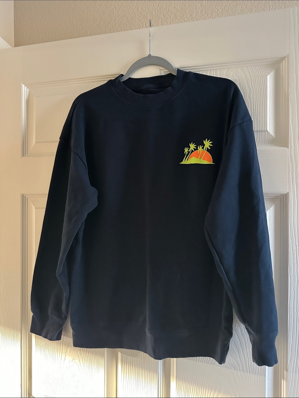 Original Use Navy Crewneck Sweatshirt with Orange and Yellow Palm Graphic